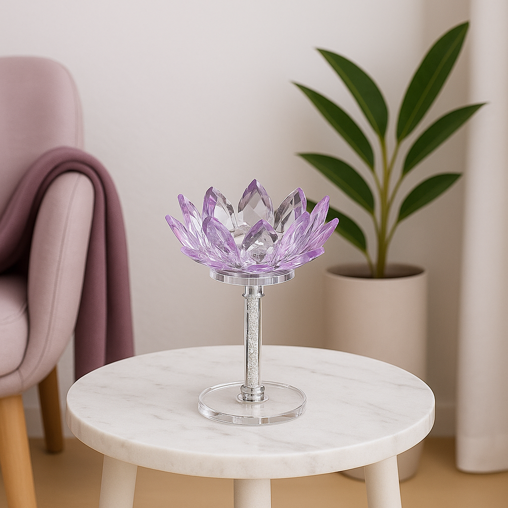 Small Purple Crystal Lotus Candle Holder – Diamond Stem Design