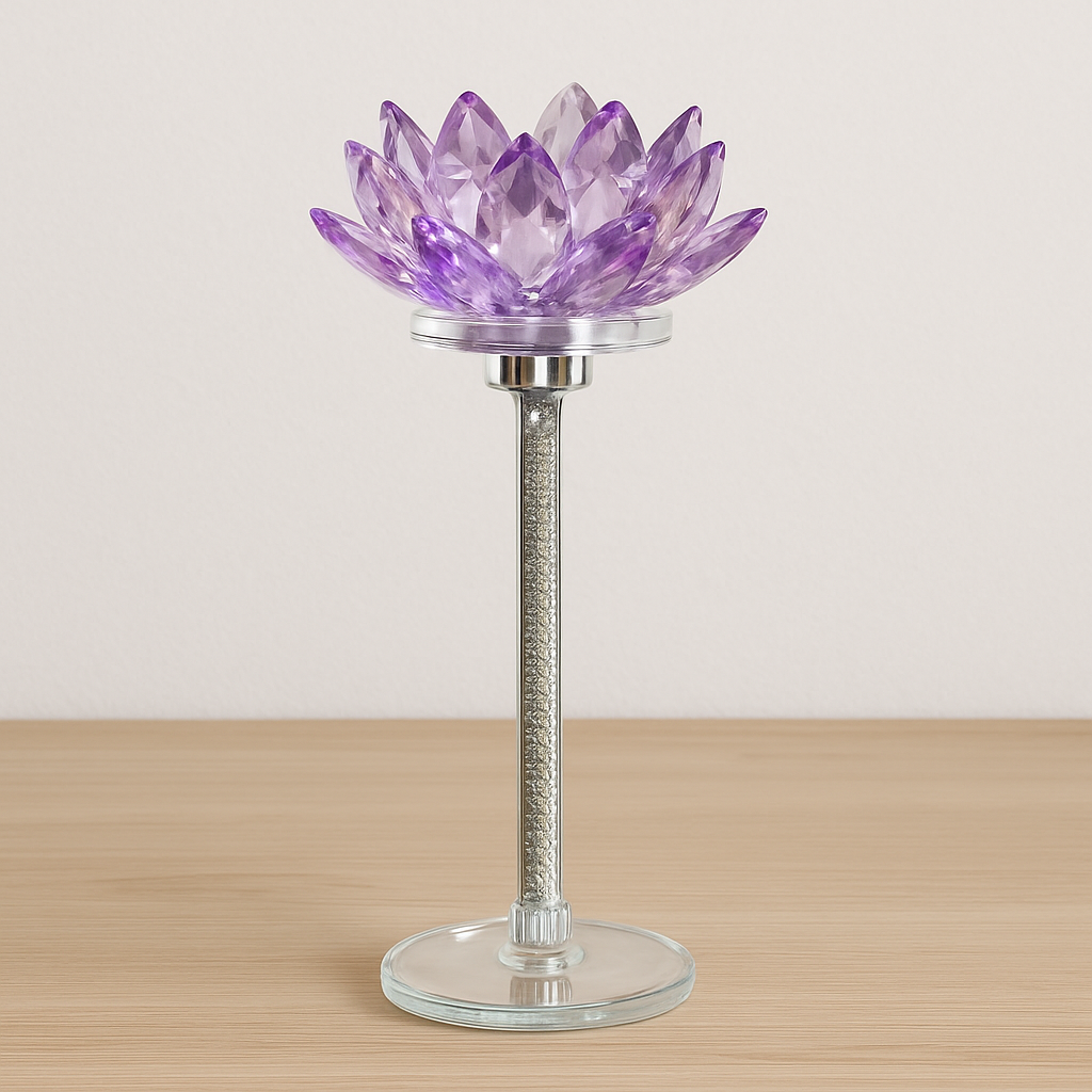 Medium Purple Crystal Lotus Candle Holder - Diamond Stem Design