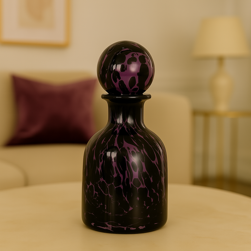Round Black & Purple Glass Vase with Stopper Top