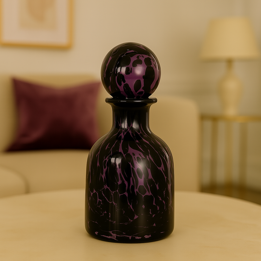 Round Black & Purple Glass Vase with Stopper Top