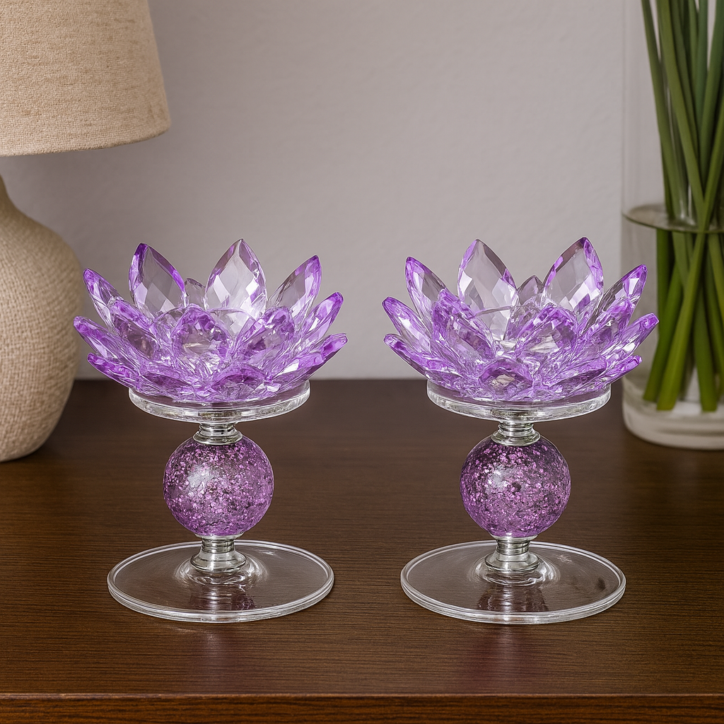 Small Purple Crystal Candle Holder - Lotus Design