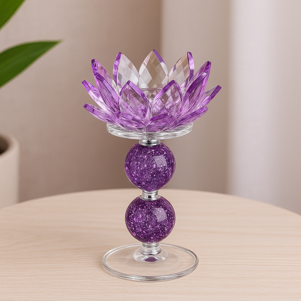 Medium Purple Crystal Candle Holder - Lotus Design