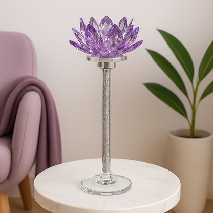 Large Purple Crystal Lotus Candle Holder - Diamond Stem Design