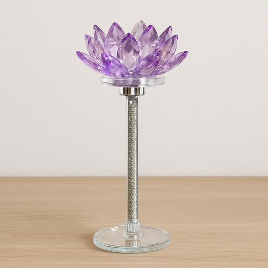 Medium Purple Crystal Lotus Candle Holder - Diamond Stem Design