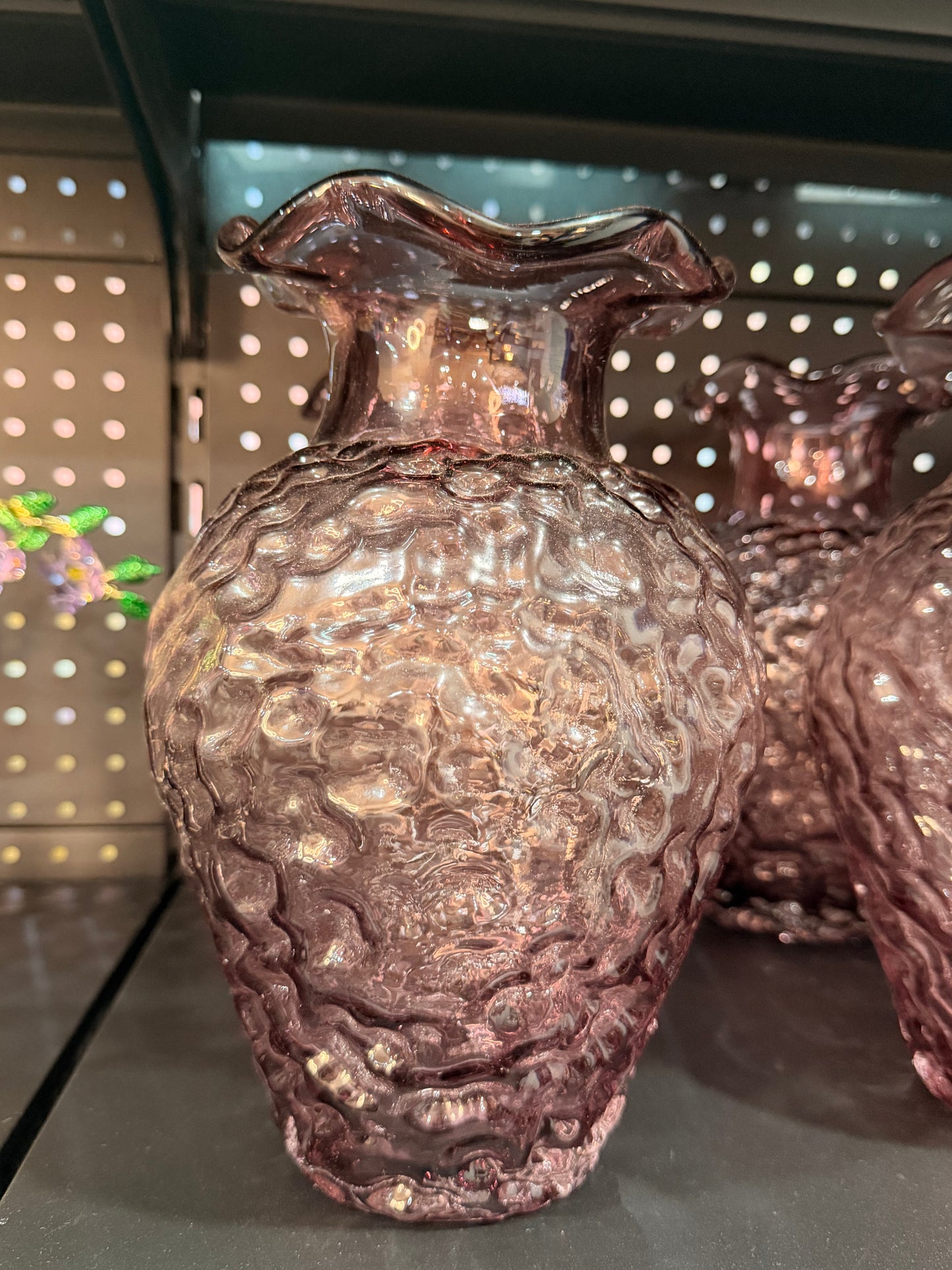 Wavy Top Textured Purple Glass Vase