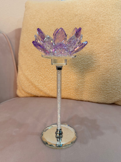 Large Purple Crystal Lotus Candle Holder - Diamond Stem Design