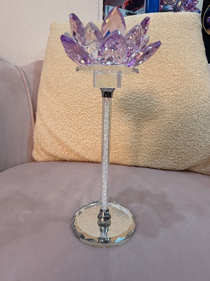 Large Purple Crystal Lotus Candle Holder - Diamond Stem Design