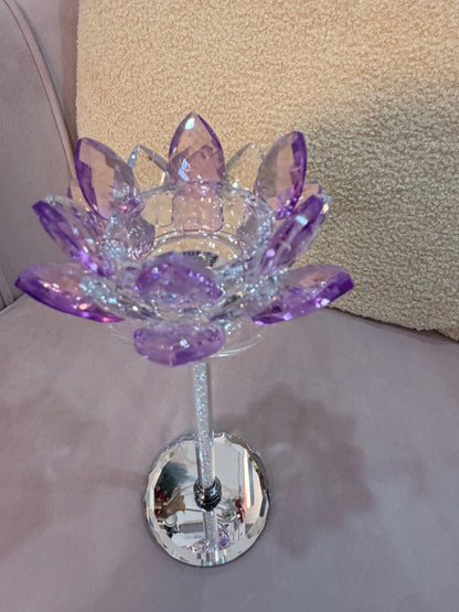 Large Purple Crystal Lotus Candle Holder - Diamond Stem Design