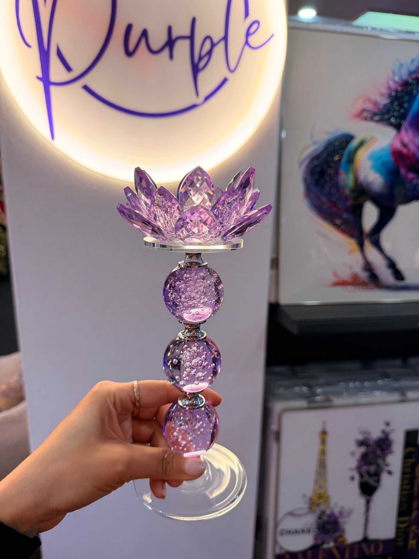 Large Purple Crystal Candle Holder - Lotus Design