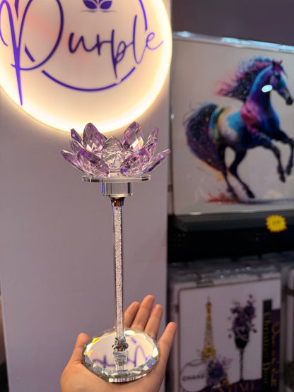 Large Purple Crystal Lotus Candle Holder - Diamond Stem Design