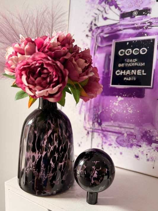 Round Black & Purple Glass Vase with Stopper Top