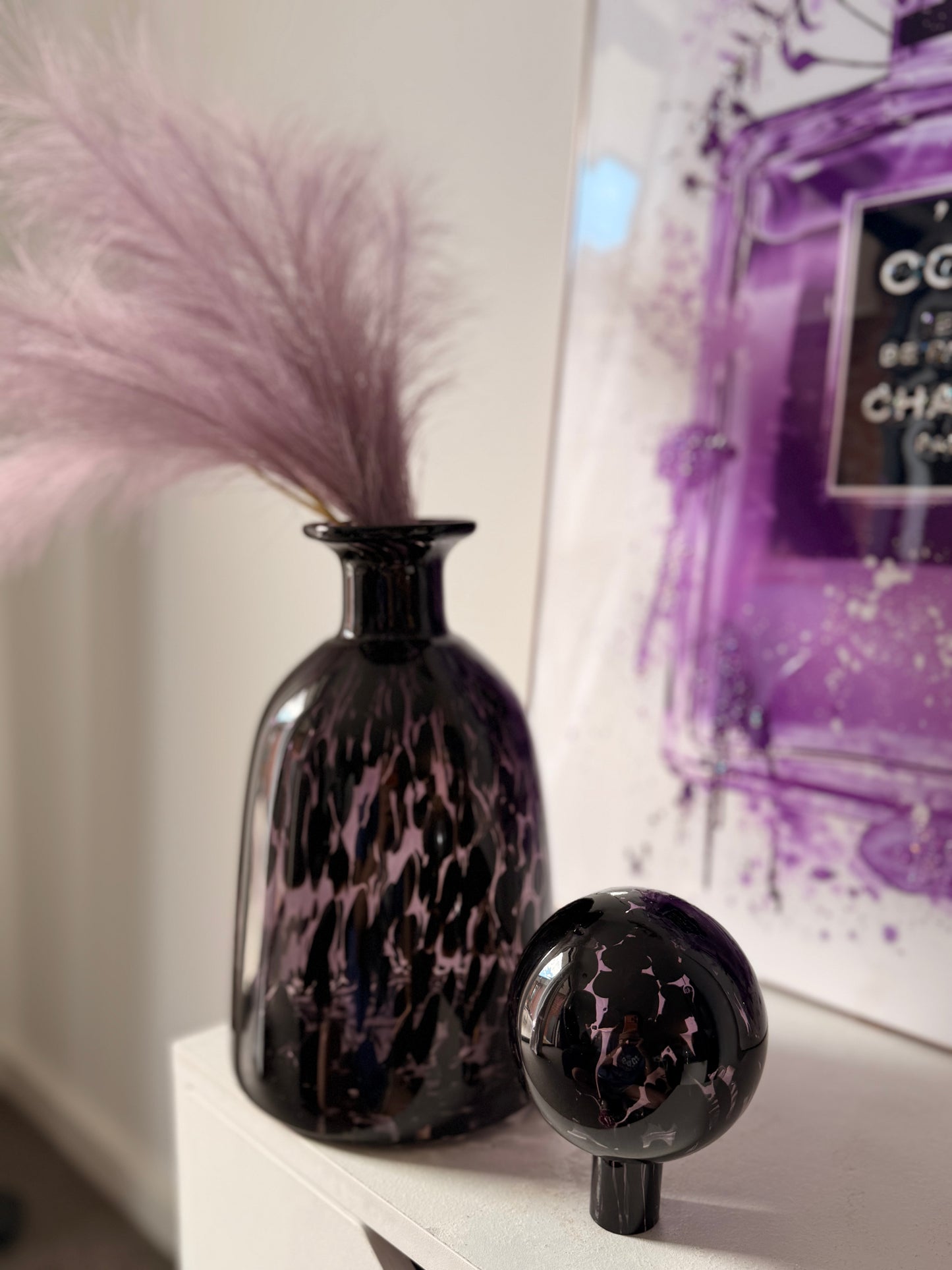 Round Black & Purple Glass Vase with Stopper Top