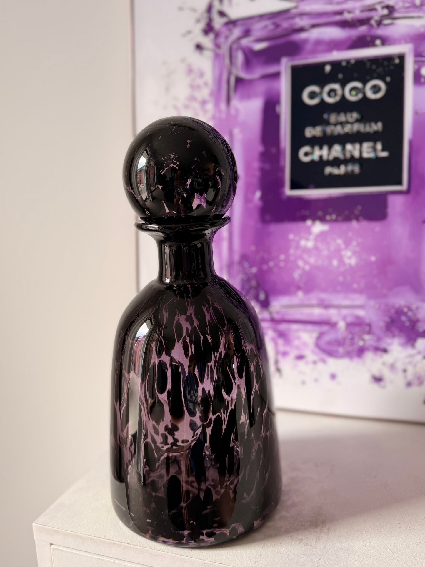 Round Black & Purple Glass Vase with Stopper Top